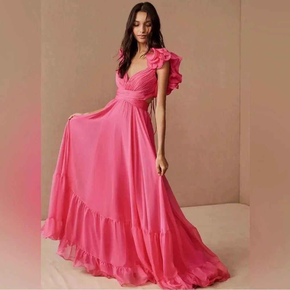 NWT MAC DUGGAL HOT PINK RUFFLE TIERED CUT OUT CHIFFON LONG GOWN 67911 SZ 2